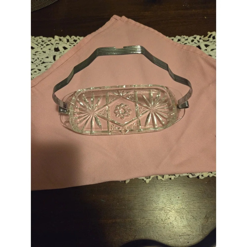 Clear Glass anchor hocking butter dish with metal handle, Scroll Work